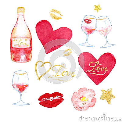 Watercolor valentines day symbols collection. Set of Hand painted elements Stock Photo