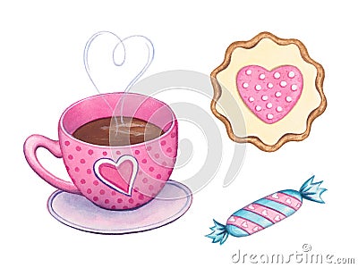 Watercolor Valentines sweets and coffee elements. Cartoon Illustration