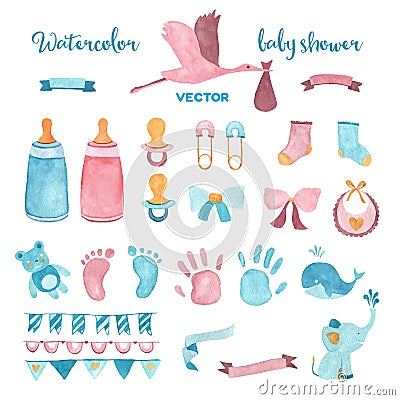 Watercolor vector baby shower set Vector Illustration