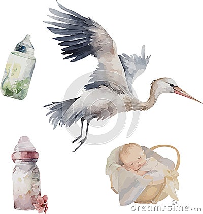 Watercolor vector cute baby shower set of baby things, babies, stork, isolated on white background. Stock Photo