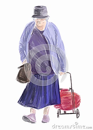 Watercolor vector drawing of casual old woman with bags strolling outdoors Vector Illustration