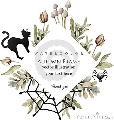 Watercolor vector Happy Halloween frame with spider, spiderweb, black cat, isolated on a white background. Vector Illustration