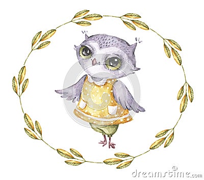 Watercolor vector owl in vintage style. Cute funny cartoon character. Watercolor print Vector Illustration