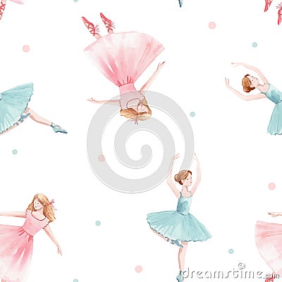 Watercolor vector seamless pattern with cute dancing girls ballet nutcracker ballerina clip art isolated illustrations Vector Illustration