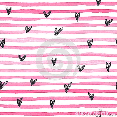 Watercolor vector seamless pattern with pink horizontal stripes amd black hand drawn hearts on a white background. Vector Illustration