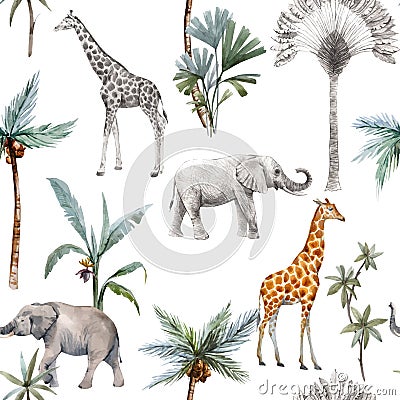 Watercolor vector seamless patterns with safari animals and palm trees. Elephant giraffe. Vector Illustration