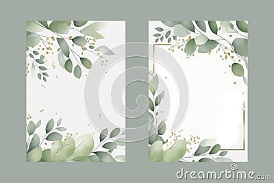 Watercolor vector set wedding invitation card template design with green eucalyptus leaves Vector Illustration