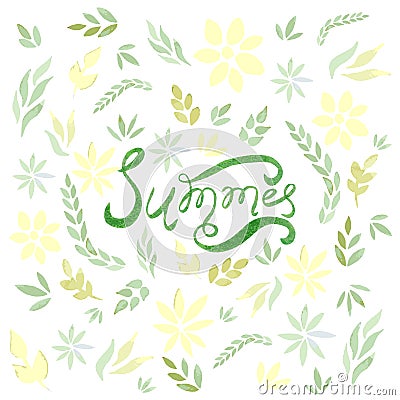 Watercolor vector summer card with green leaves and flowers Vector Illustration