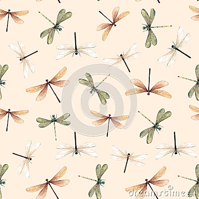 Watercolor vector summer dragonfly insect colourful seamless pattern Vector Illustration