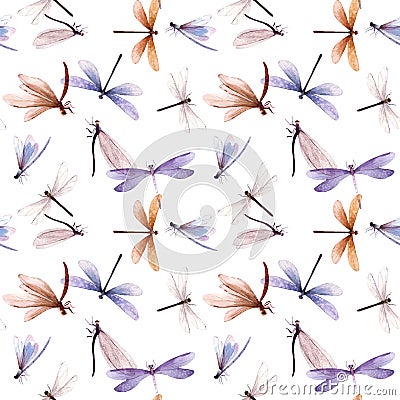 Watercolor vector summer dragonfly insect colourful seamless pattern Vector Illustration