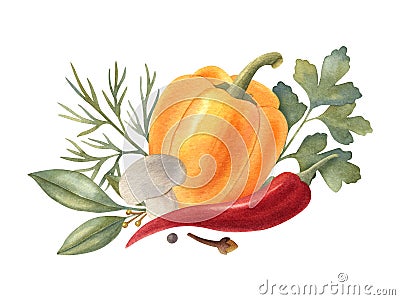 Watercolor vegetable and herbs composition. Cartoon Illustration