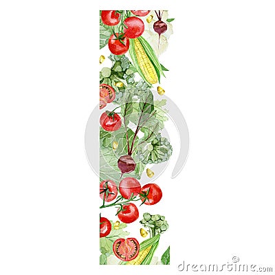 Watercolor vegetables border with corn, tomatoes, radishes, cabbage. Hand painted vegetarian banner for eco food menu Stock Photo