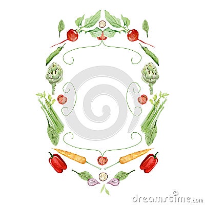 Watercolor vegetables frame border with bell pepper, onion, radish, carrot, tomato. Hand painted vegetarian banner for eco food Stock Photo