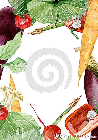 Watercolor vegetables frame border with radish, carrot, asparagus, eggplant, cabbage. Hand painted vegetarian banner Stock Photo