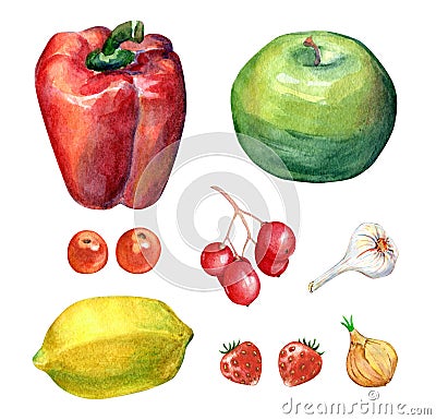 Watercolor Vegetables and Fruits Set Stock Photo