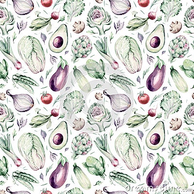 Watercolor vegetables seamless pattern of fresh artichoke , bell pepper and avocado veggies . eggplate, leek and Cartoon Illustration