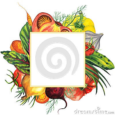 Watercolor vegetables square frame with hand drawn bell paper, paprica, cut tomato, cherry tomatos, cucumber, onion Stock Photo