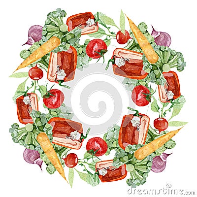 Watercolor vegetables wreath border radish, pepper, tomato, cabbage, carrot, onion. Hand painted vegetarian banner for eco food Stock Photo