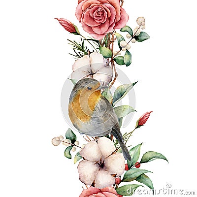 Watercolor vertical border with robin and flowers. Hand painted tree border, cotton, branch, dahlia, berries and leaves Stock Photo