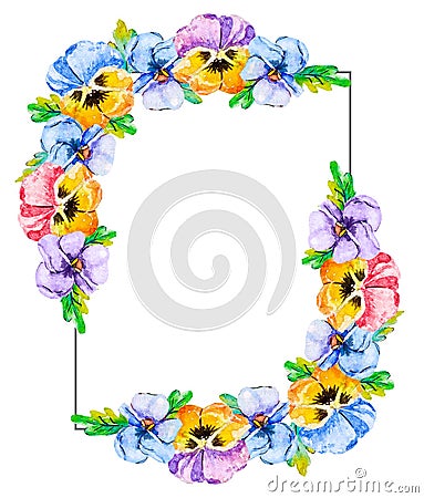 Watercolor vertical floral frame background with bouquets viola pansies. Flower frame with blank center for custom text. For Stock Photo