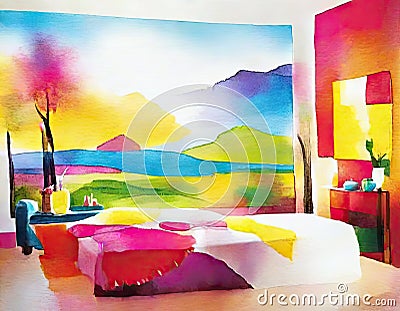 Watercolor of Vibrant bedroom with colorful decor and stunning landscape Stock Photo