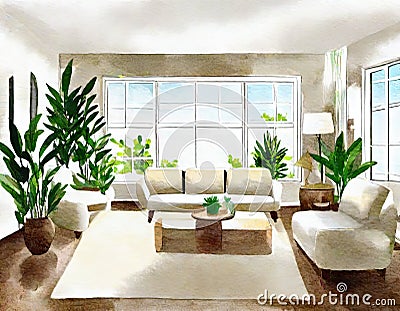 Watercolor of View of living room with white Stock Photo