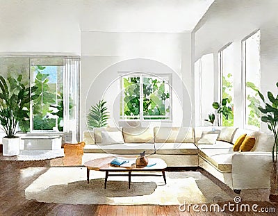 Watercolor of View of living room with white Stock Photo