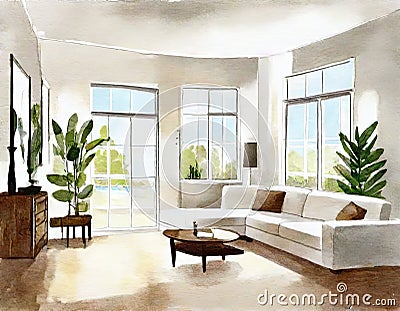 Watercolor of View of living room with white Stock Photo