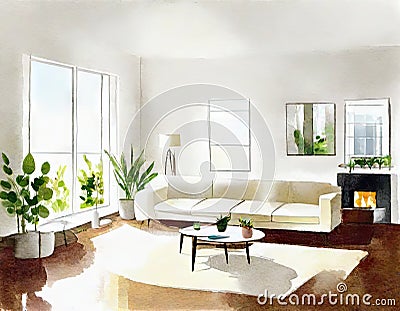 Watercolor of View of living room with white Stock Photo