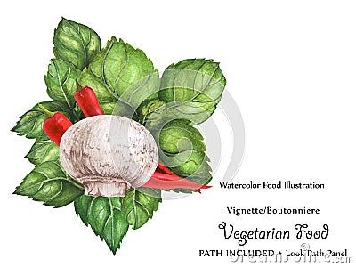 Watercolor vignette by basil, pepper and shroom Stock Photo