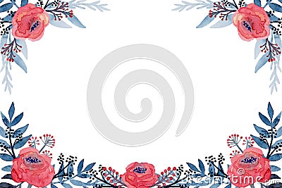 Watercolor Vignette With Red Flowers And Blue Leaves Stock Photo