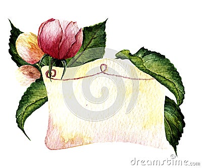 Watercolor vignette with rose and leaves. Cartoon Illustration