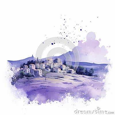 Watercolor Village Print Illustration: Light Black And Violet Landscape Cartoon Illustration