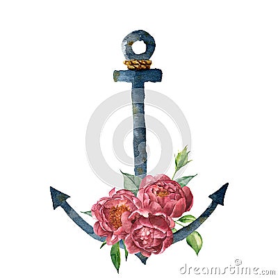 Watercolor vintage anchor with rope and peony flower. Hand painted nautical illustration with floral decor isolated on Cartoon Illustration