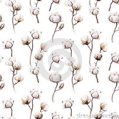 Watercolor vintage background with twigs and cotton flowers boho decoration. Softness Botanical watercolour seamless pattern Stock Photo