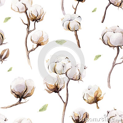 Watercolor vintage background with twigs and cotton flowers boho decoration. Softness Botanical watercolour seamless pattern Stock Photo