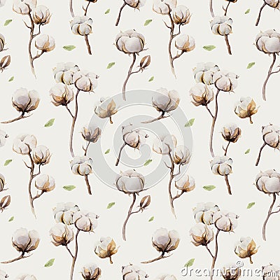 Watercolor vintage background with twigs and cotton flowers boho decoration. Softness Botanical watercolour seamless pattern Stock Photo