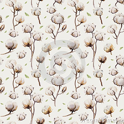 Watercolor vintage background with twigs and cotton flowers boho decoration. Softness Botanical watercolour seamless pattern Stock Photo