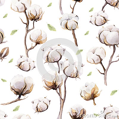 Watercolor vintage background with twigs and cotton flowers boho decoration. Softness Botanical watercolour seamless pattern Stock Photo
