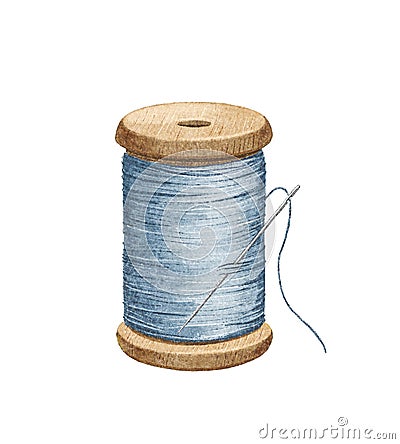 Watercolor vintage blue spool of thread with metal needle Cartoon Illustration