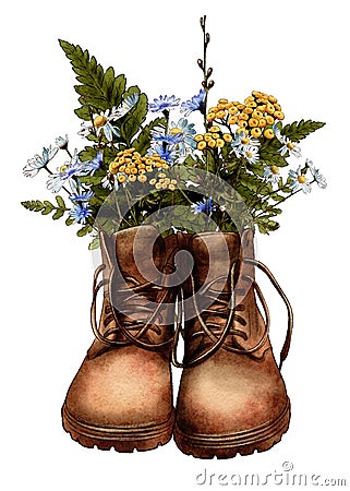 Watercolor Vintage boots with wildflowers, Hiking boots, Travel, Adventure Stock Photo