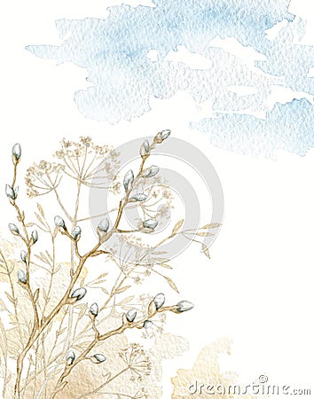 Watercolor vintage bouquet with dried twigs, willow branches and grass with clouds and earth Cartoon Illustration