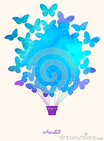 Watercolor vintage butterfly hot air balloon. Celebration festive background with balloons. Perfect for invitations, posters and Vector Illustration