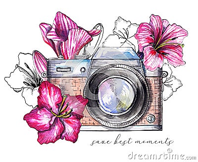 Watercolor vintage camera with flowers Cartoon Illustration