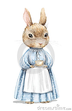 Watercolor vintage cartoon bunny rabbit in blue dress with dishes Cartoon Illustration