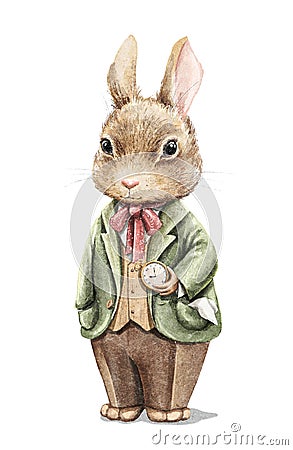 Watercolor vintage cartoon bunny rabbit in costume with gold pocket watch Cartoon Illustration