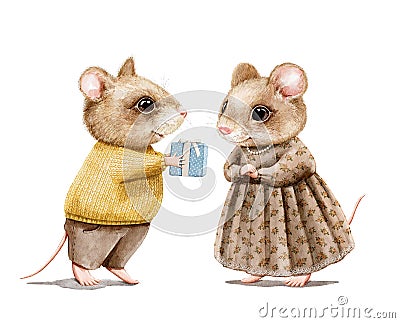 Watercolor vintage cartoon couple two mice in clothes holding gift box Cartoon Illustration