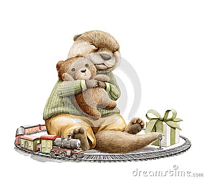 Watercolor vintage cartoon otter sits in clothes, with present, toy railway and hug teddy bear Cartoon Illustration