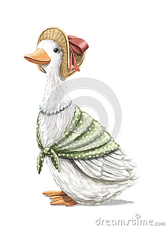Watercolor vintage cartoon white goose in scarf, beads and hat Cartoon Illustration