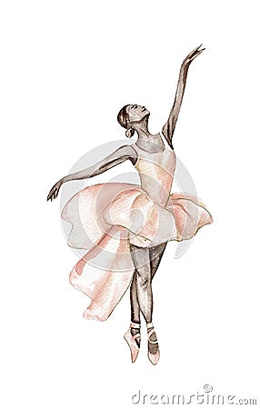 Watercolor dancing ballerina with dark skin. Pink pretty ballerina Vector Illustration
